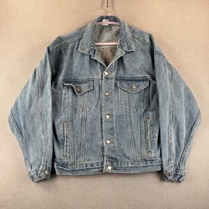 Vintage Denim Jacket Mens Large Blue Made In USA Grizzly Bear Embroidered 90s